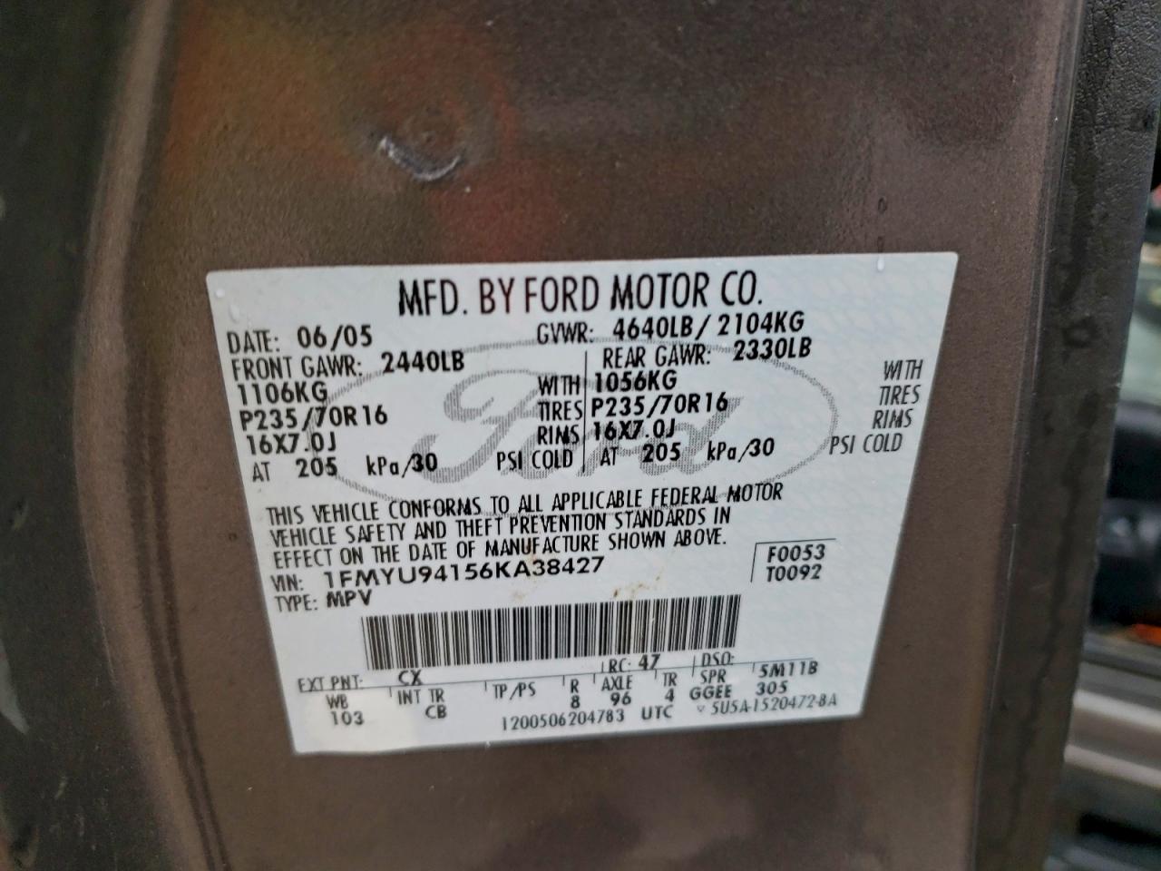 2006 Ford Escape Limited VIN: 1FMYU94156KA38427 Lot: 94327285