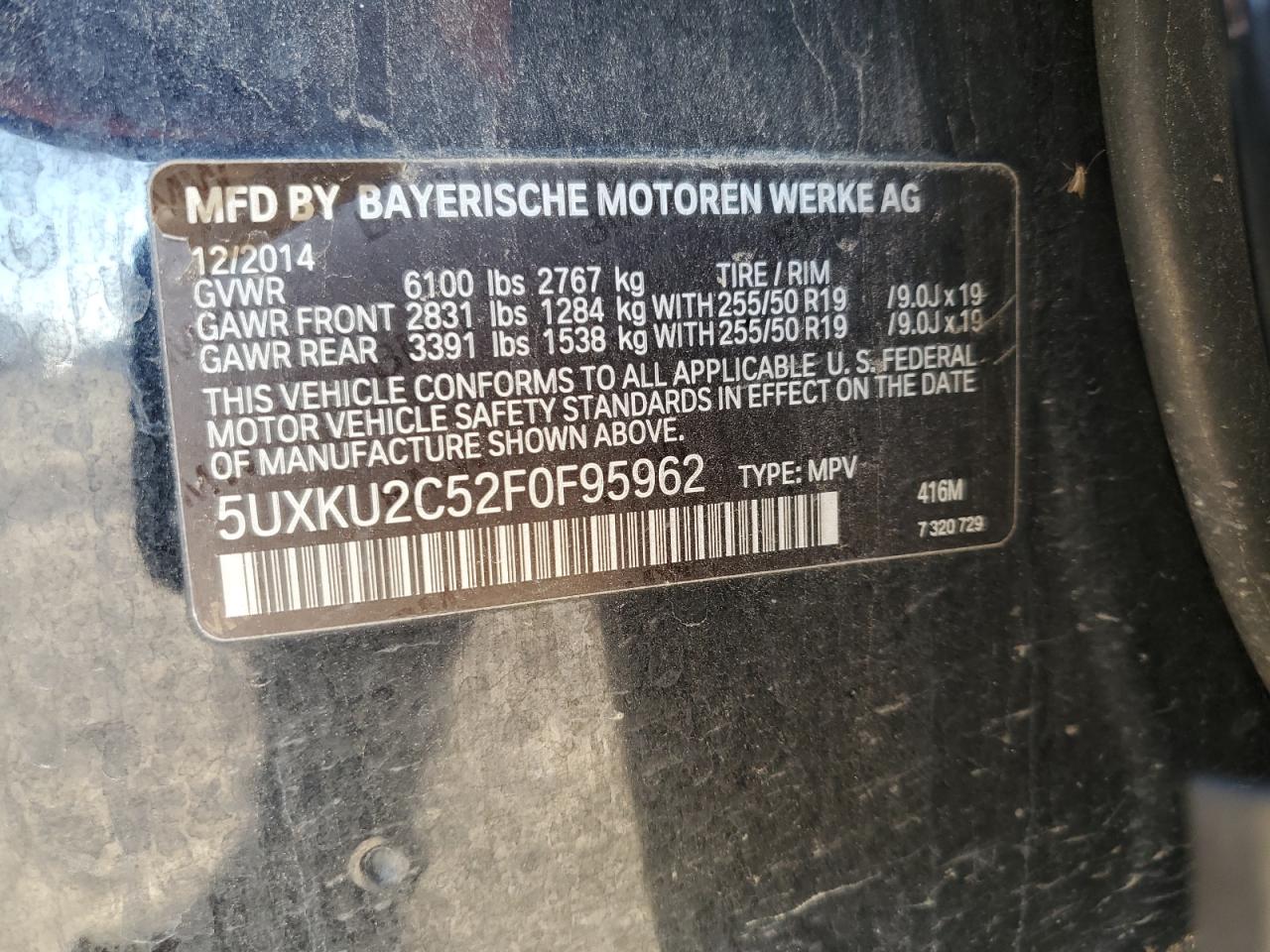 2015 BMW X6 xDrive35I VIN: 5UXKU2C52F0F95962 Lot: 82783445