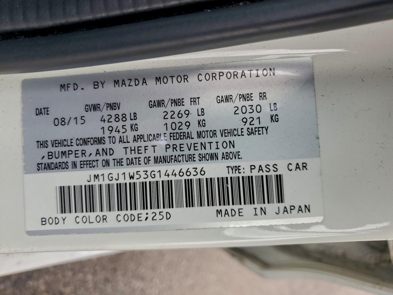 2016 Mazda 6 Grand Touring VIN: JM1GJ1W53G1446636 Lot: 93676195