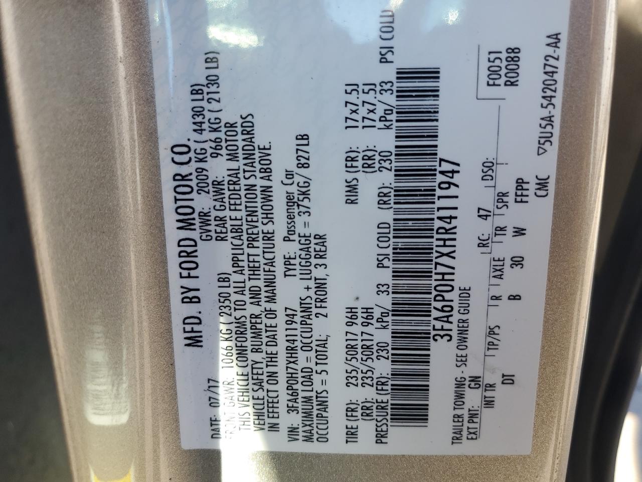 2017 Ford Fusion Se VIN: 3FA6P0H7XHR411947 Lot: 90981175