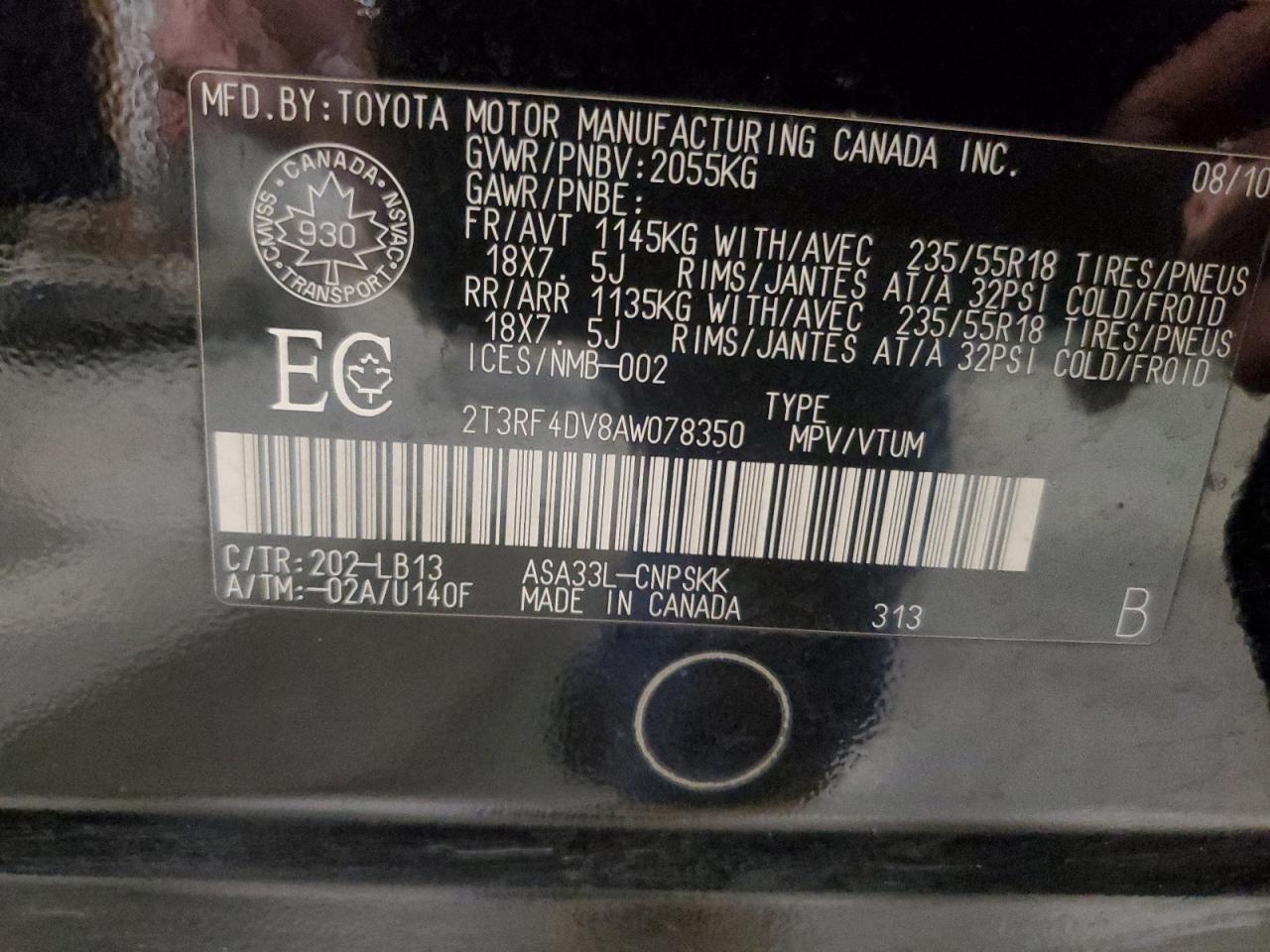 2010 Toyota Rav4 Sport VIN: 2T3RF4DV8AW078350 Lot: 91142375