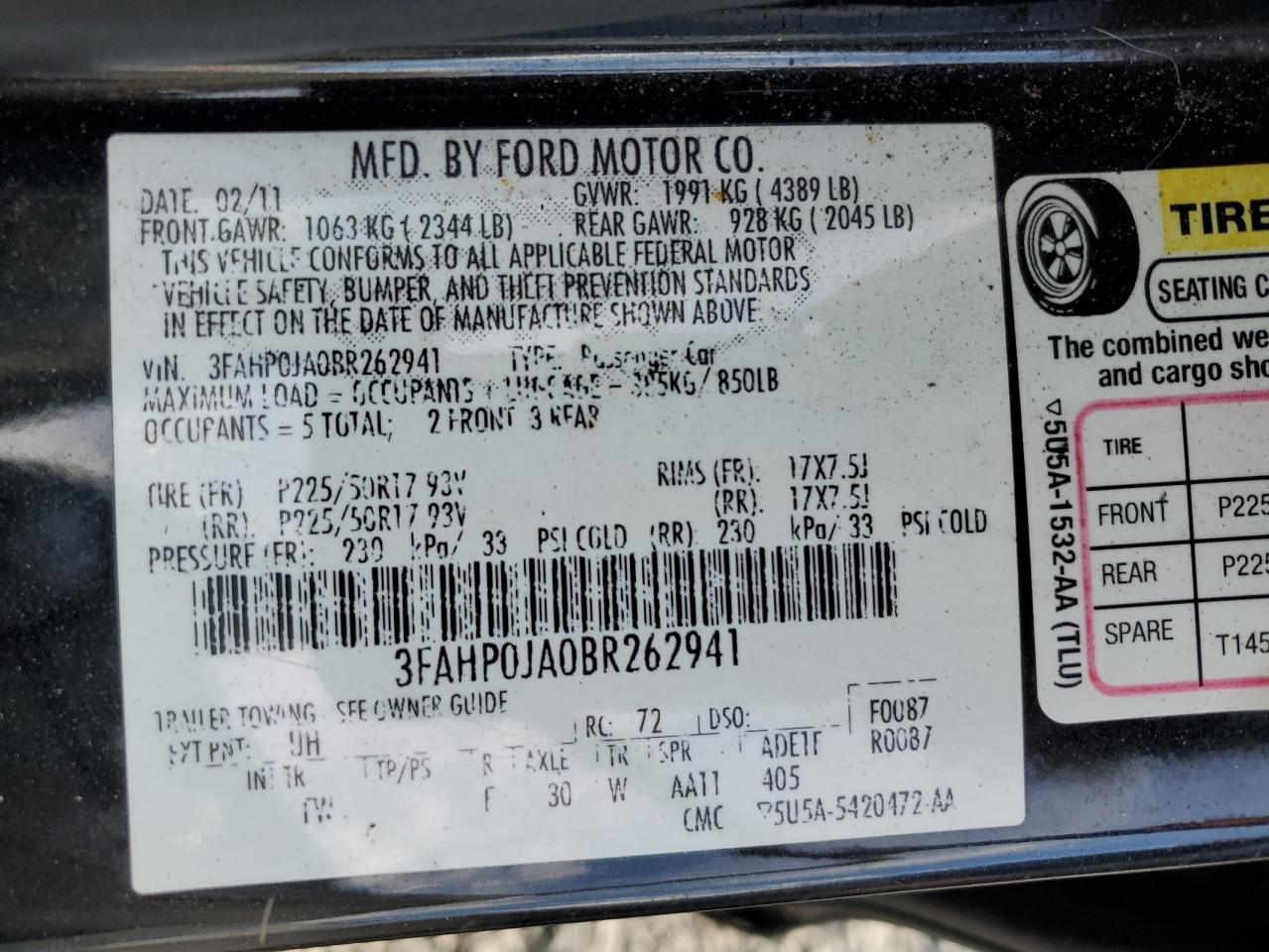 2011 Ford Fusion Sel VIN: 3FAHP0JA0BR262941 Lot: 91173475