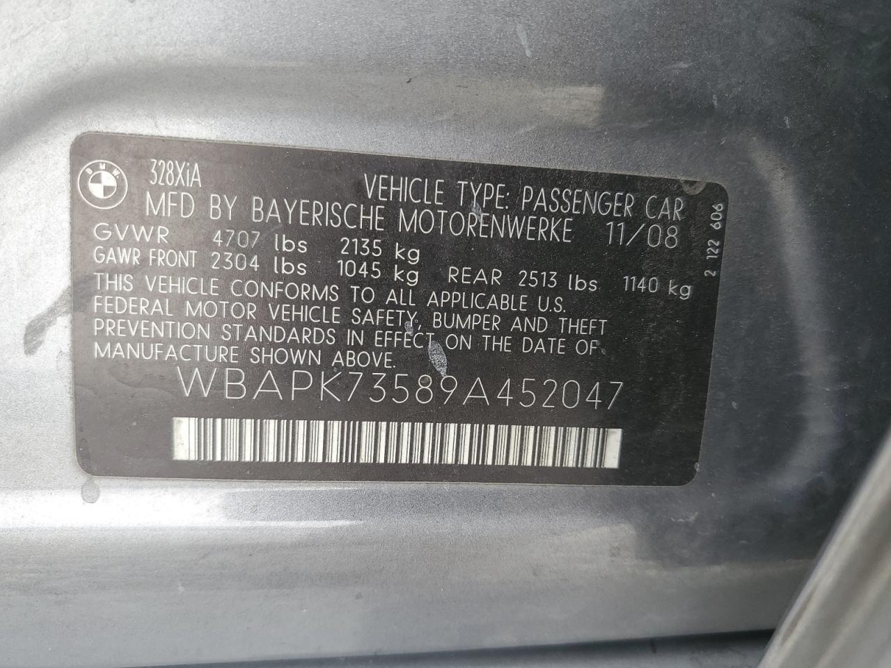 2009 BMW 328 Xi VIN: WBAPK73589A452047 Lot: 93950055