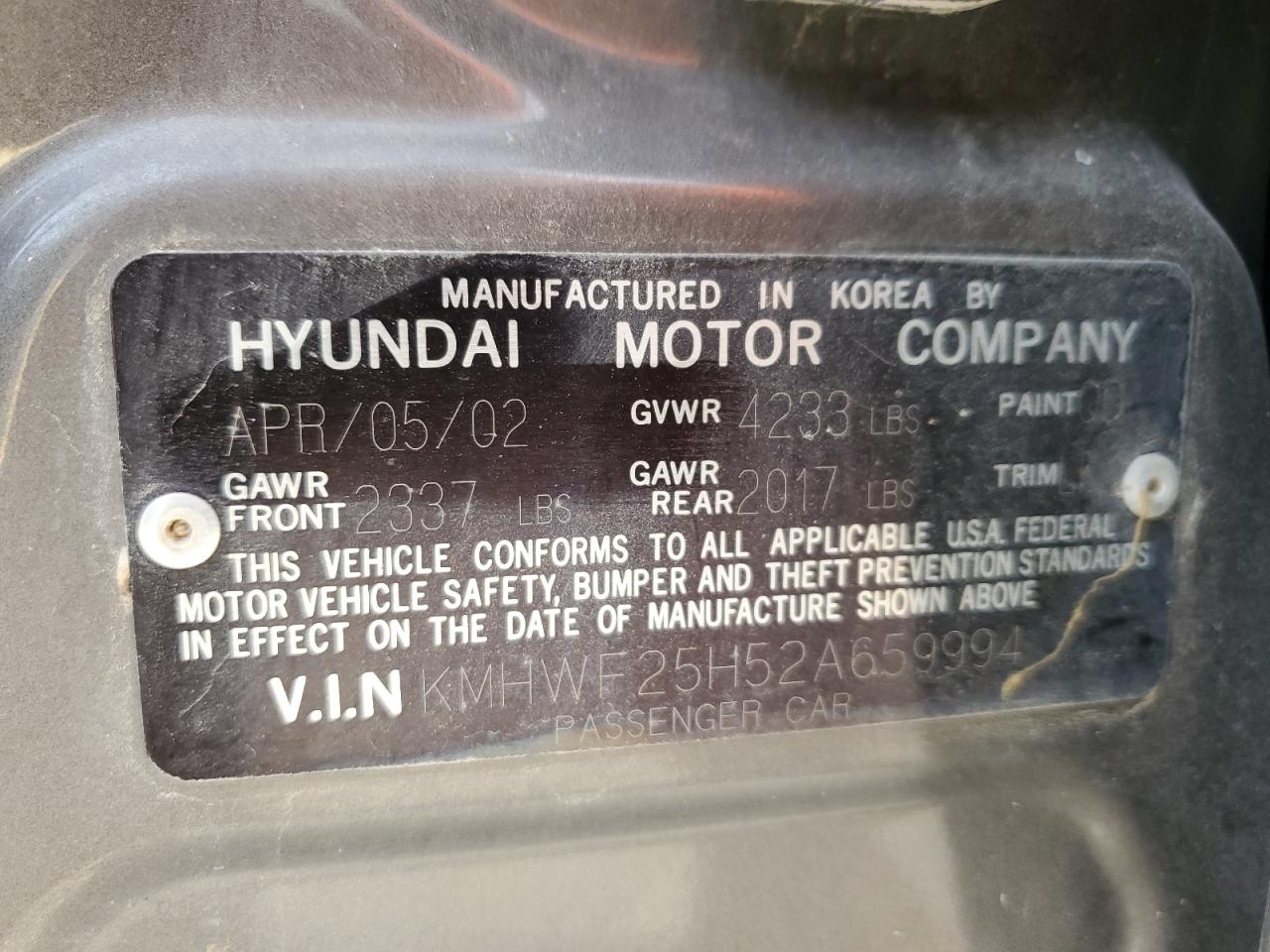 2002 Hyundai Sonata Gl VIN: KMHWF25H52A659994 Lot: 92251165