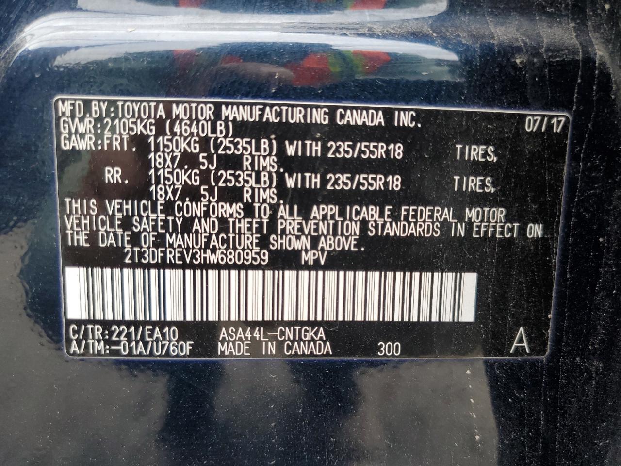 2017 Toyota Rav4 Limited VIN: 2T3DFREV3HW680959 Lot: 92366455