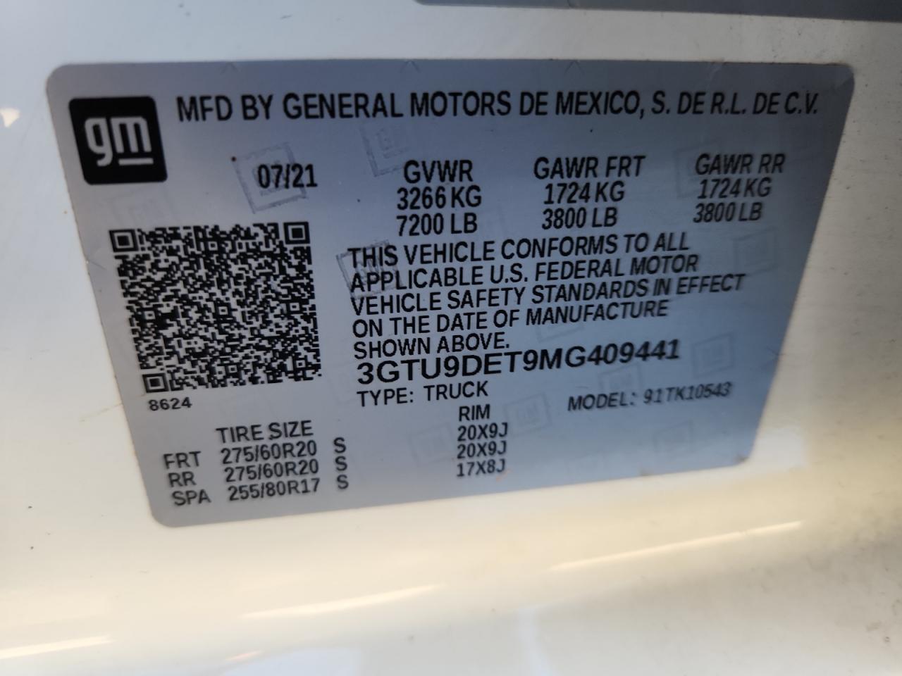 2021 GMC Sierra K1500 Slt VIN: 3GTU9DET9MG409441 Lot: 91842185