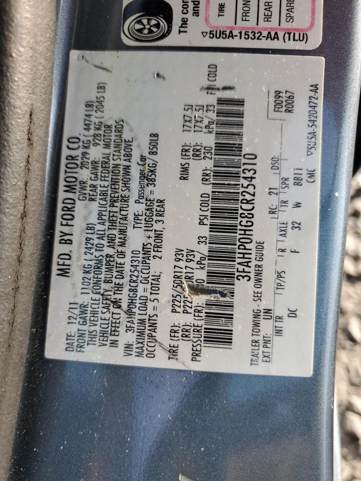 2012 Ford Fusion Se VIN: 3FAHP0HG8CR254310 Lot: 93693035