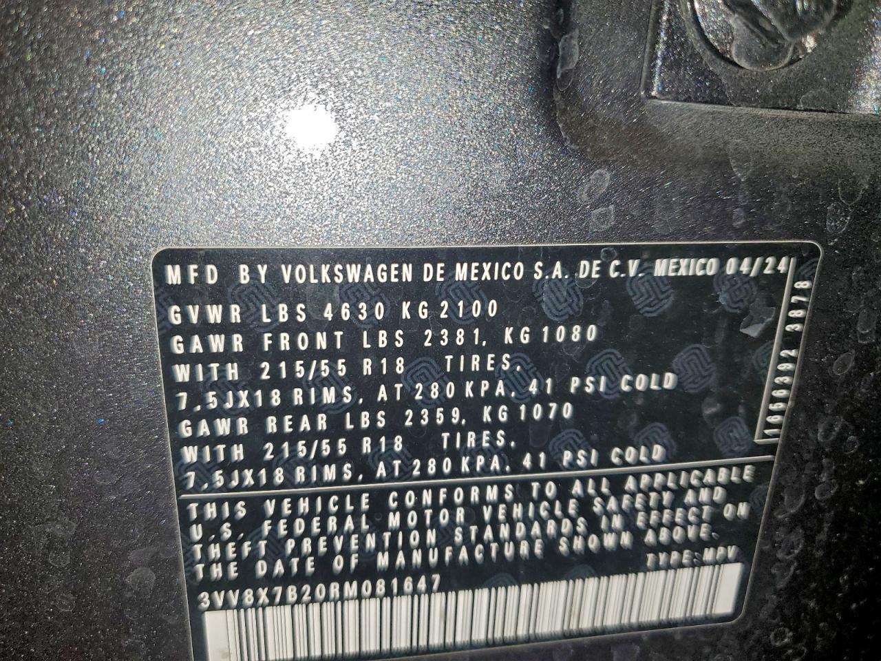 2024 Volkswagen Taos S VIN: 3VV8X7B20RM081647 Lot: 93706475