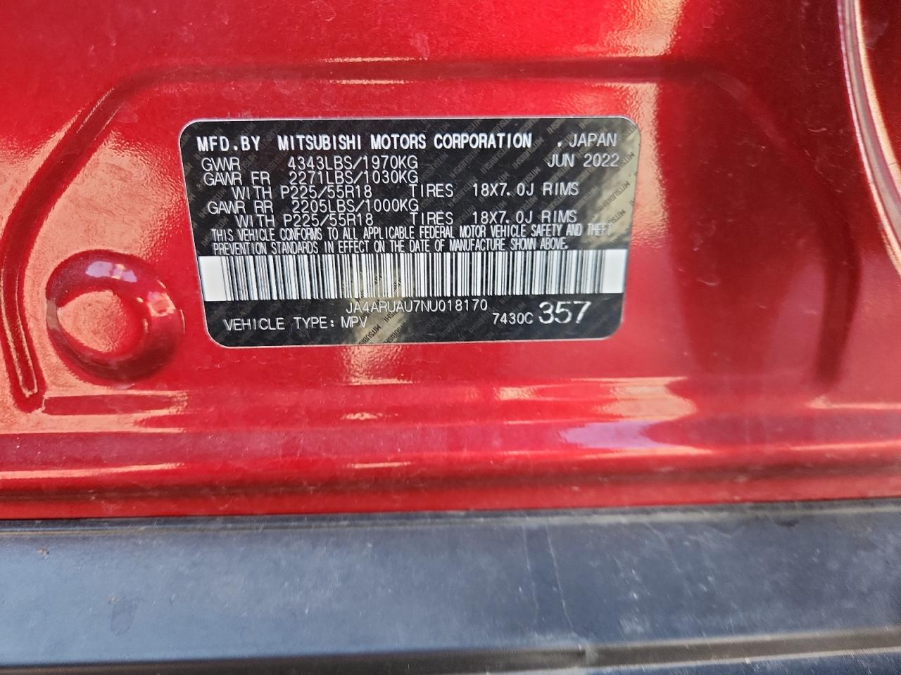 2022 Mitsubishi Outlander Sport Es VIN: JA4ARUAU7NU018170 Lot: 91481235