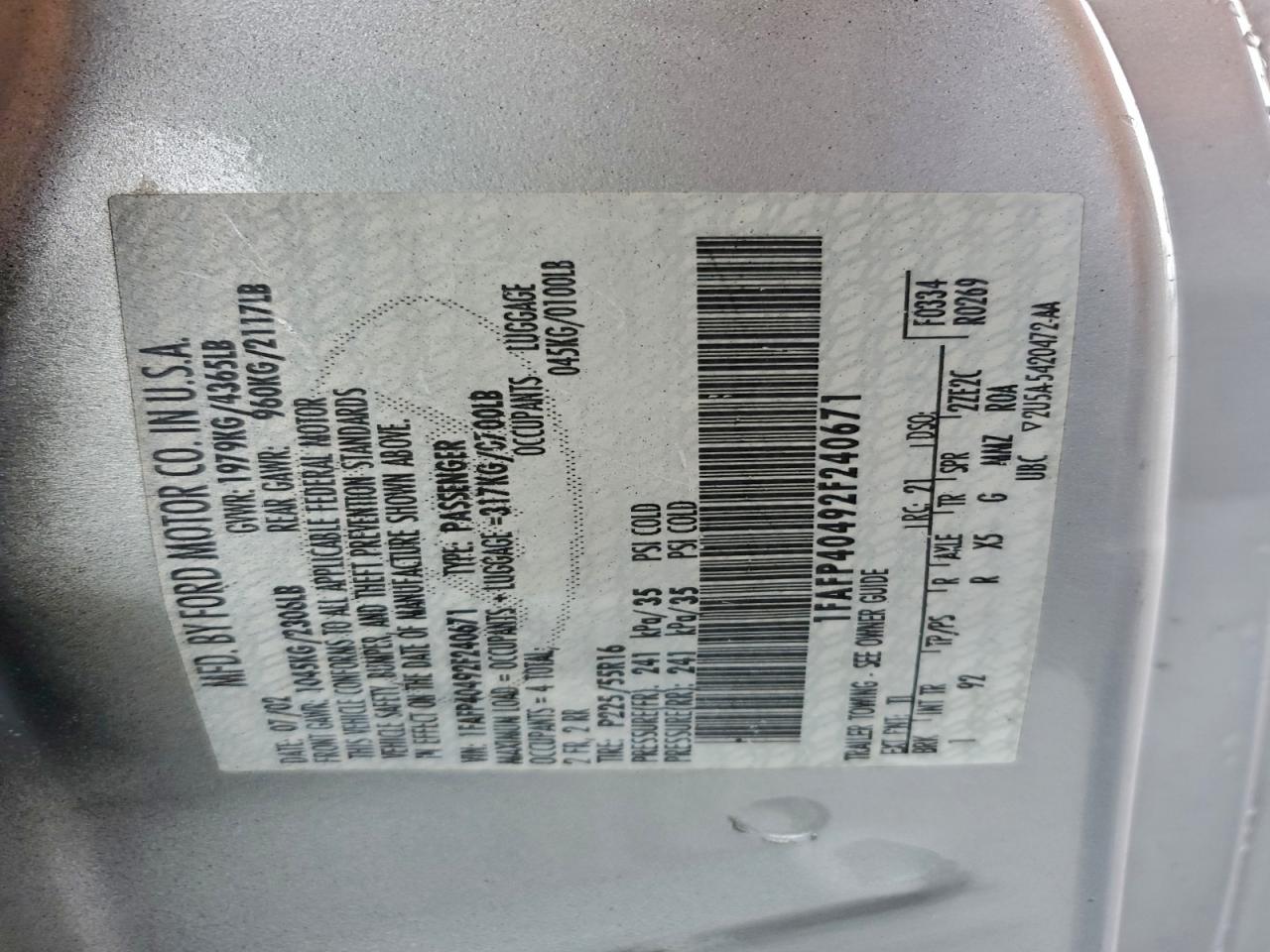 2002 Ford Mustang VIN: 1FAFP40492F240671 Lot: 93923815