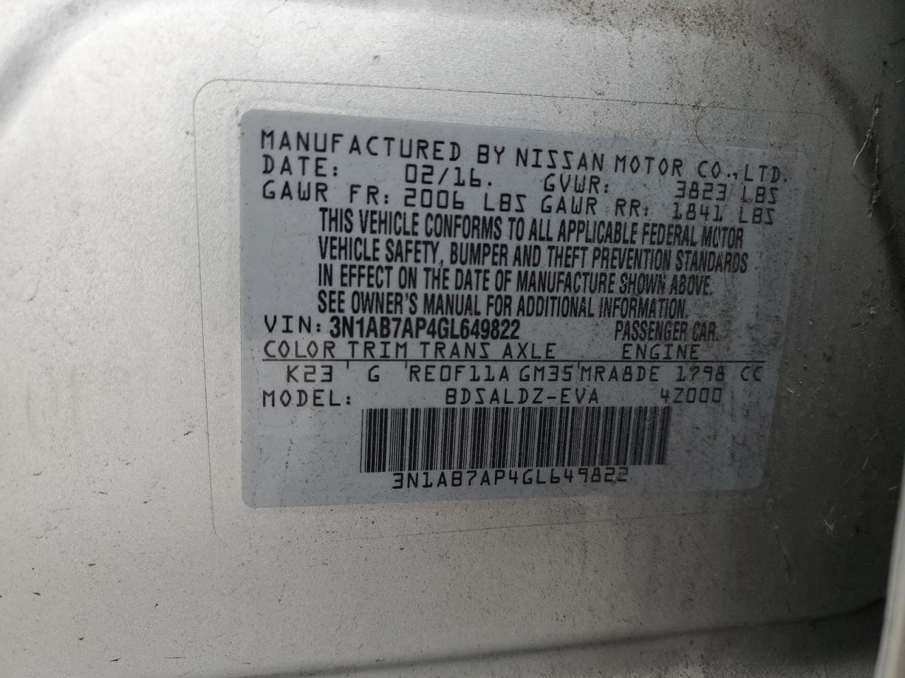 2016 Nissan Sentra S VIN: 3N1AB7AP4GL649822 Lot: 92654045