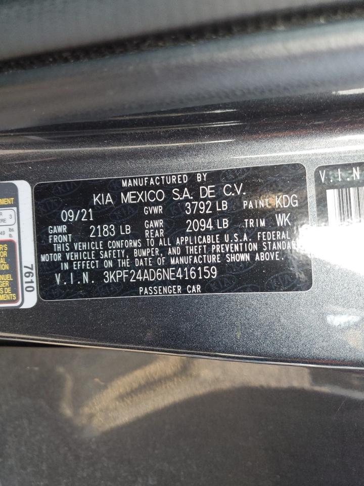 2022 Kia Forte Fe VIN: 3KPF24AD6NE416159 Lot: 91224095