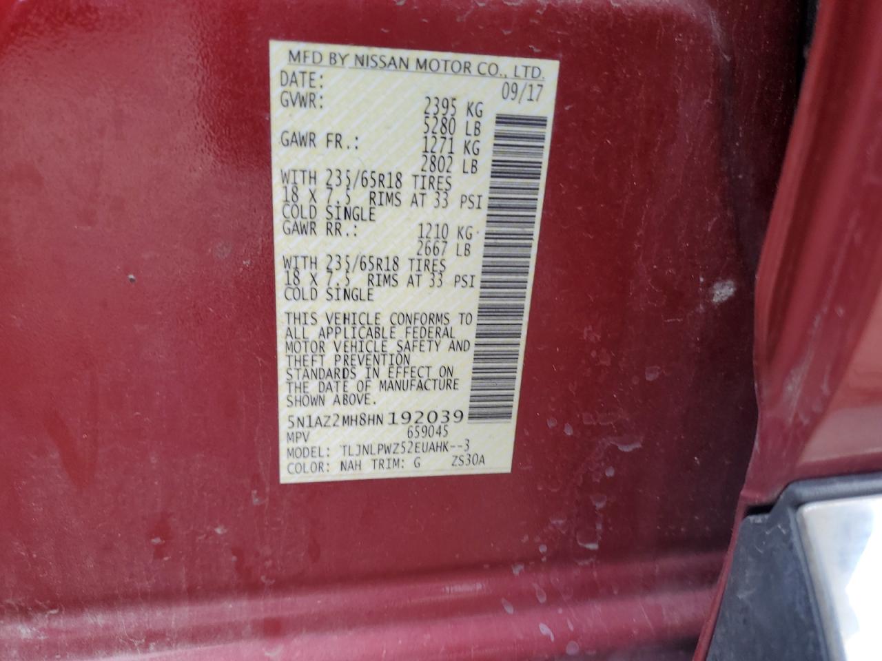 2017 Nissan Murano S VIN: 5N1AZ2MH8HN192039 Lot: 93195525