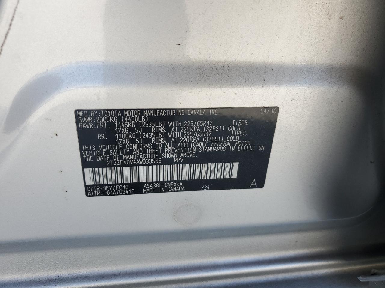 2010 Toyota Rav4 VIN: 2T3ZF4DV4AW033566 Lot: 93629655