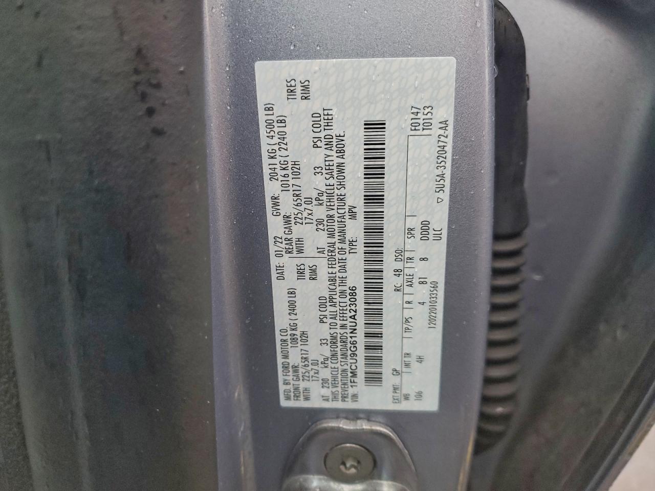 2022 Ford Escape Se VIN: 1FMCU9G61NUA23086 Lot: 93387465