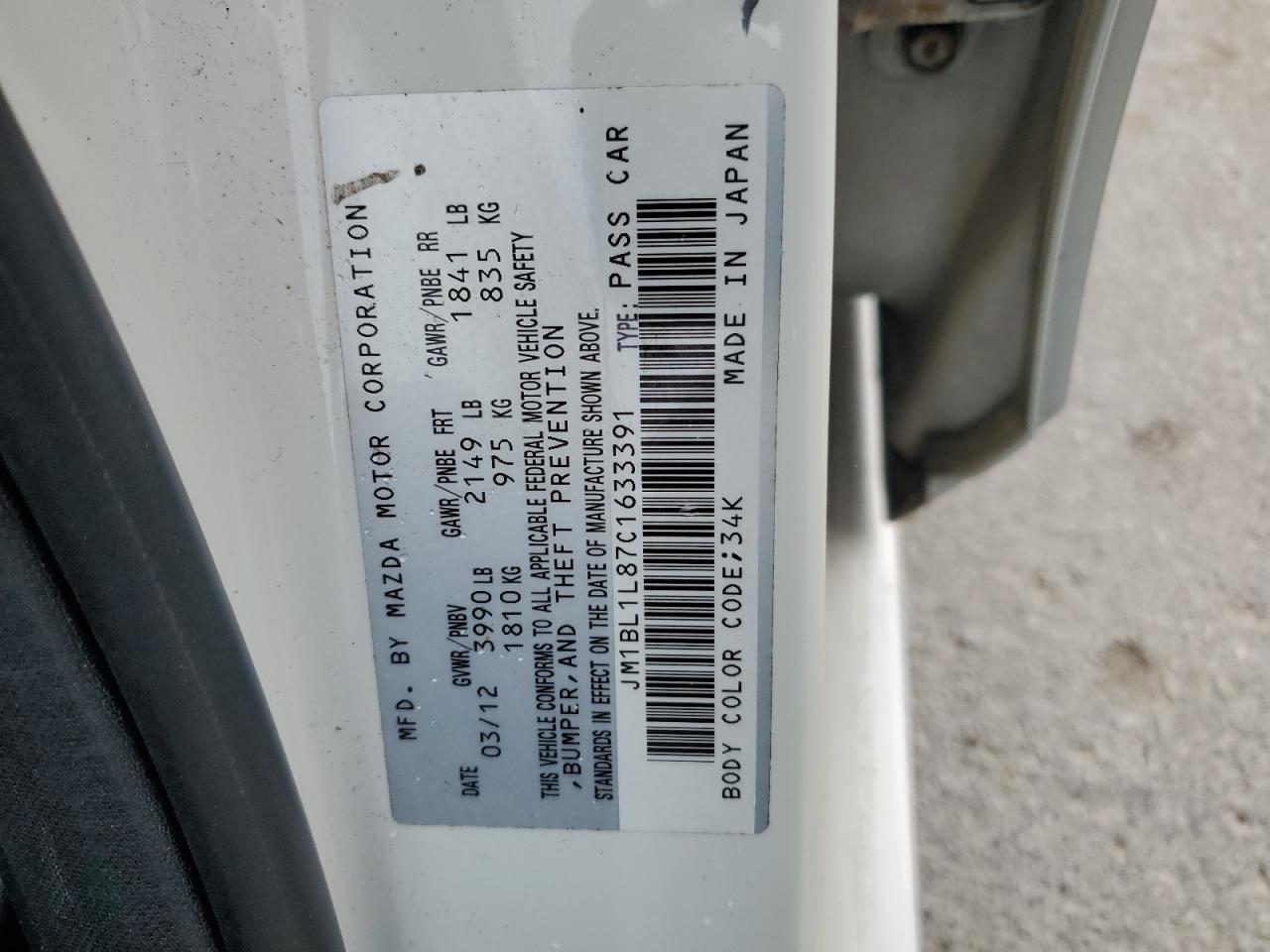 2012 Mazda 3 I VIN: JM1BL1L87C1633391 Lot: 92032155