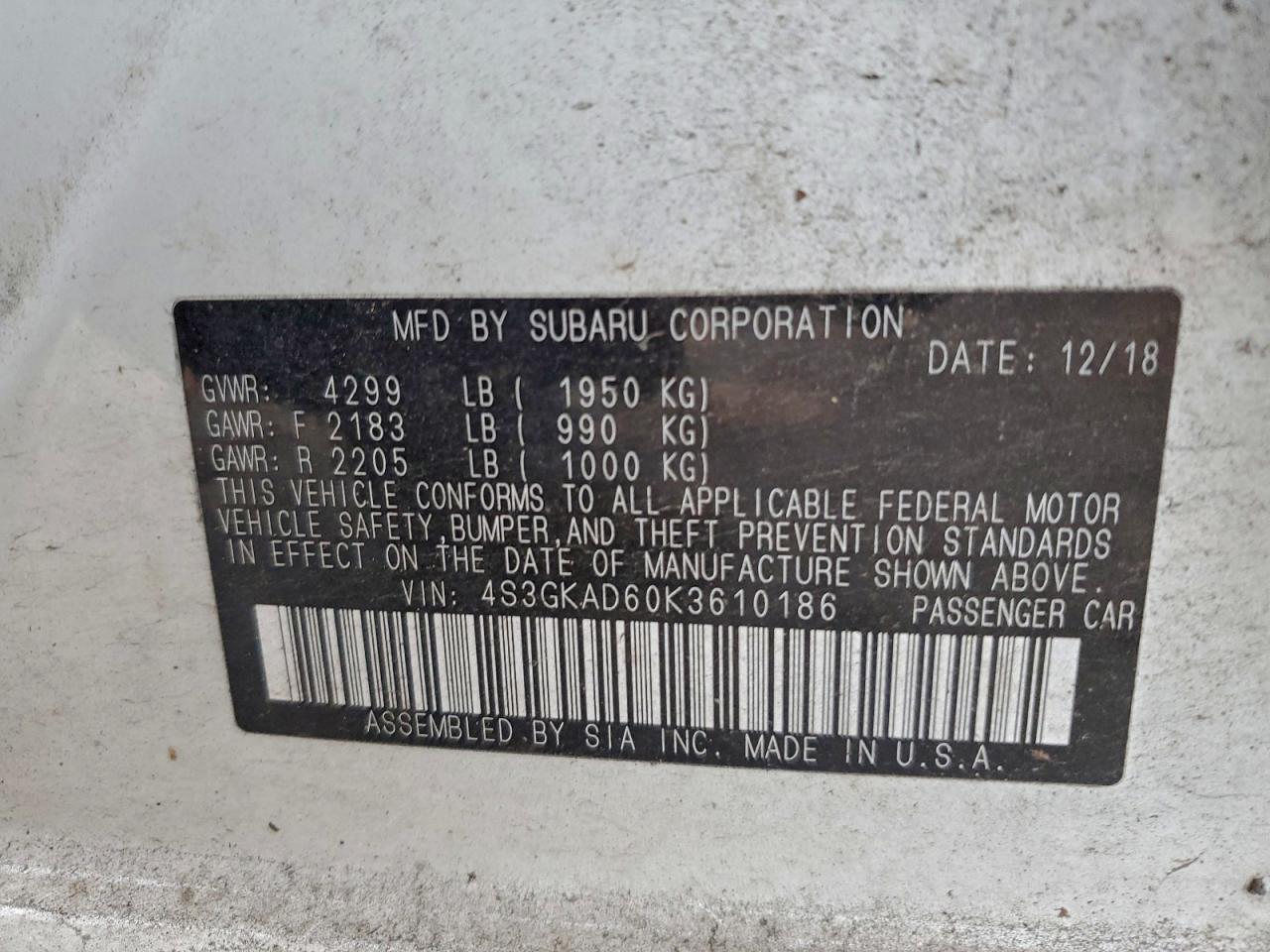 2019 Subaru Impreza Premium VIN: 4S3GKAD60K3610186 Lot: 93235365