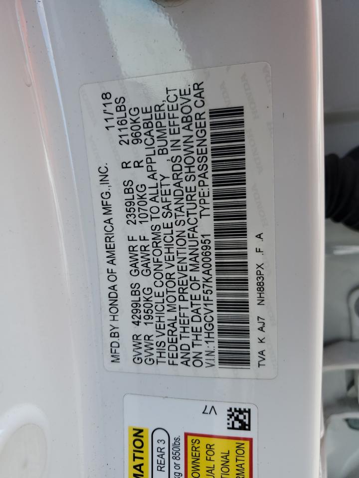 2019 Honda Accord Exl VIN: 1HGCV1F57KA006951 Lot: 91797015
