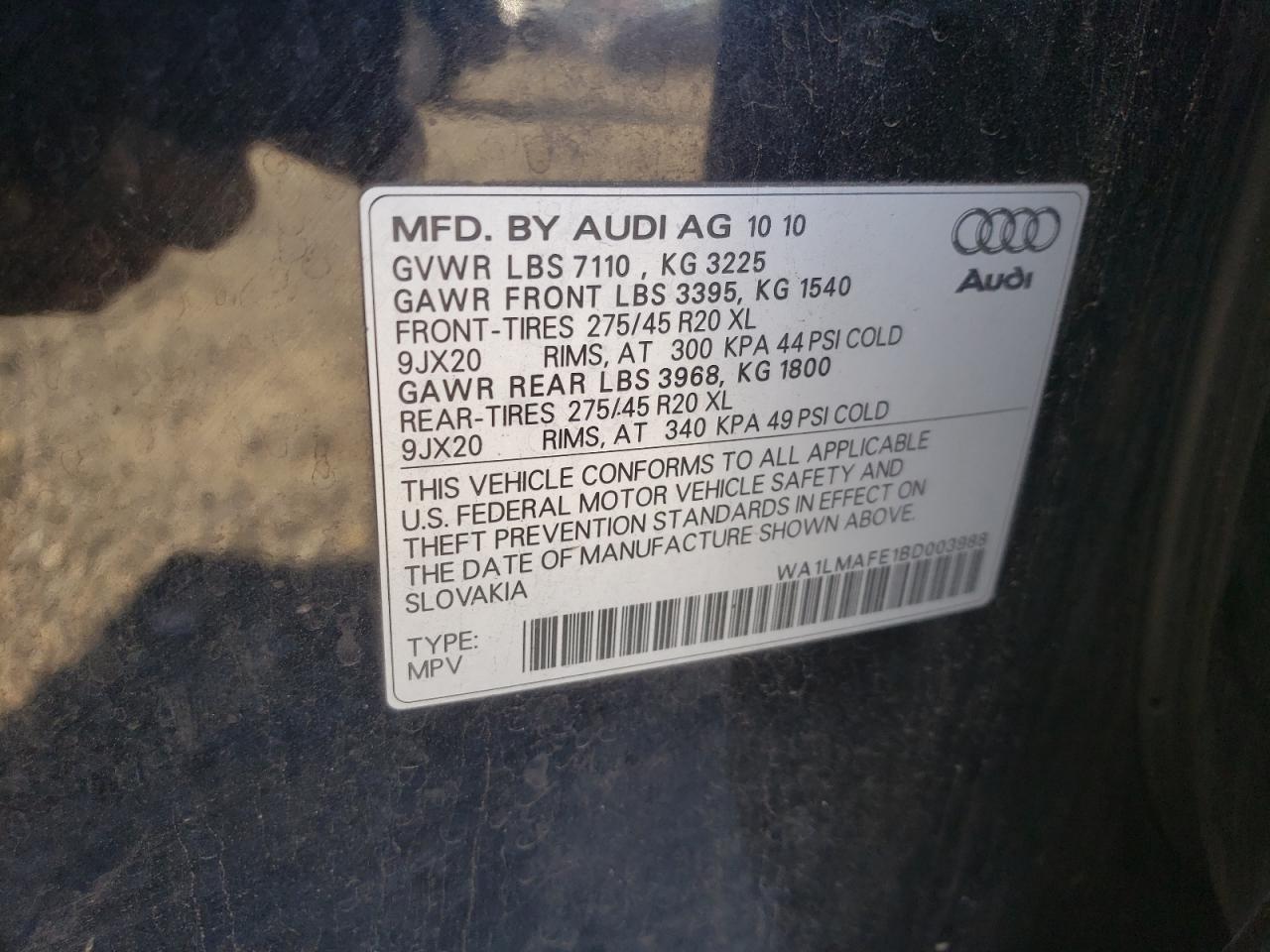 2011 Audi Q7 Premium Plus VIN: WA1LMAFE1BD003988 Lot: 91210795