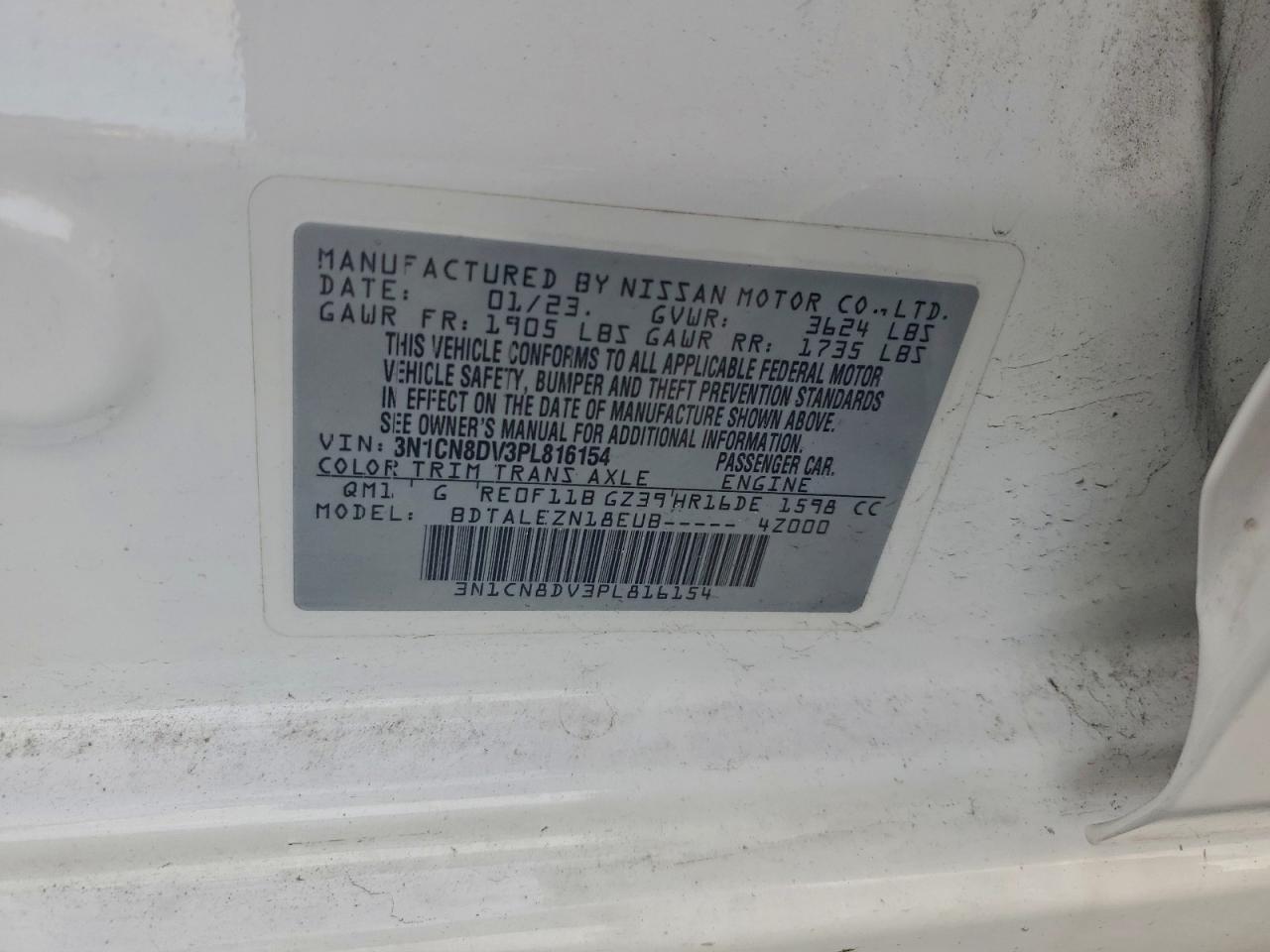 2023 Nissan Versa S VIN: 3N1CN8DV3PL816154 Lot: 94665545