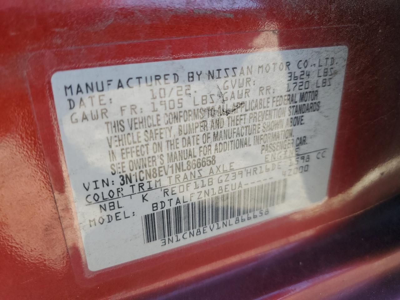 2022 Nissan Versa Sv VIN: 3N1CN8EV1NL866658 Lot: 90849955