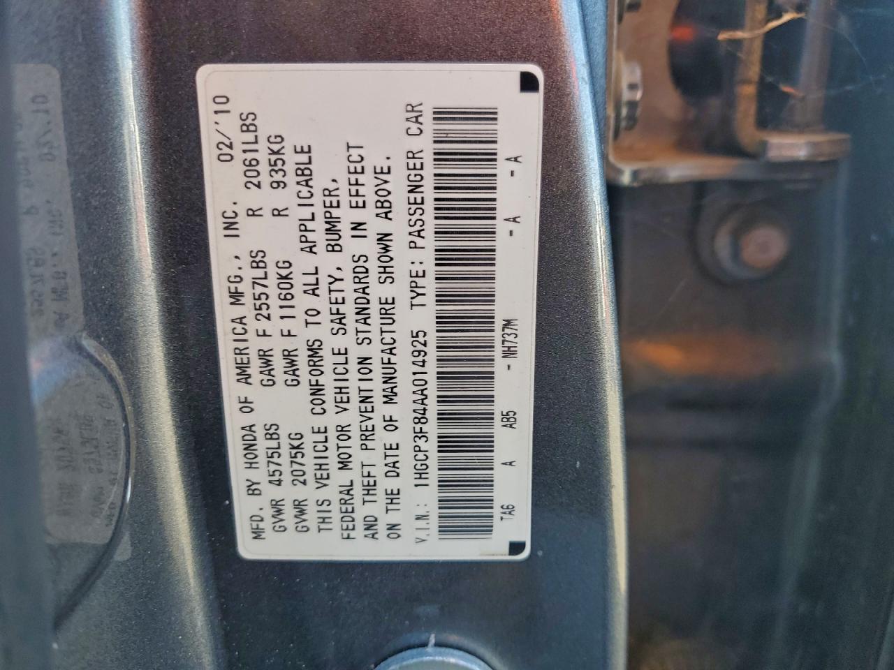 2010 Honda Accord Exl VIN: 1HGCP3F84AA014925 Lot: 94494555