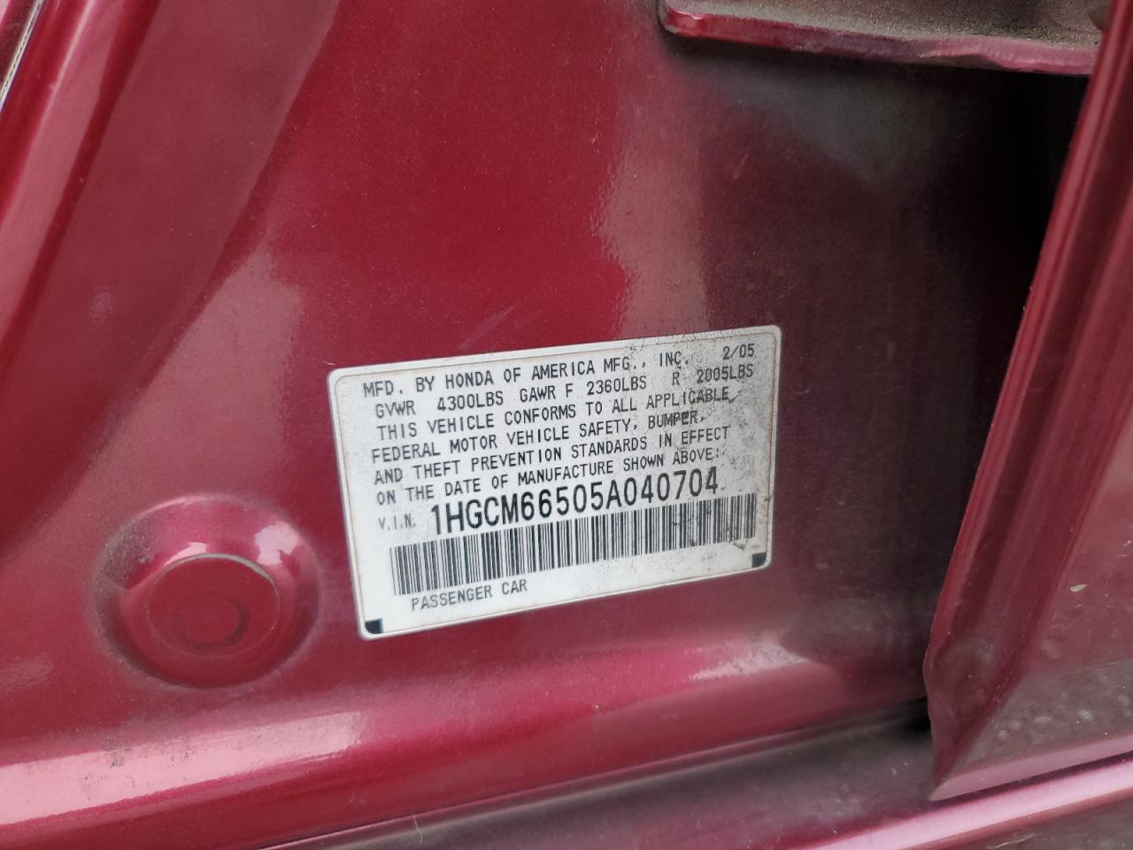 2005 Honda Accord Ex VIN: 1HGCM66505A040704 Lot: 92531415