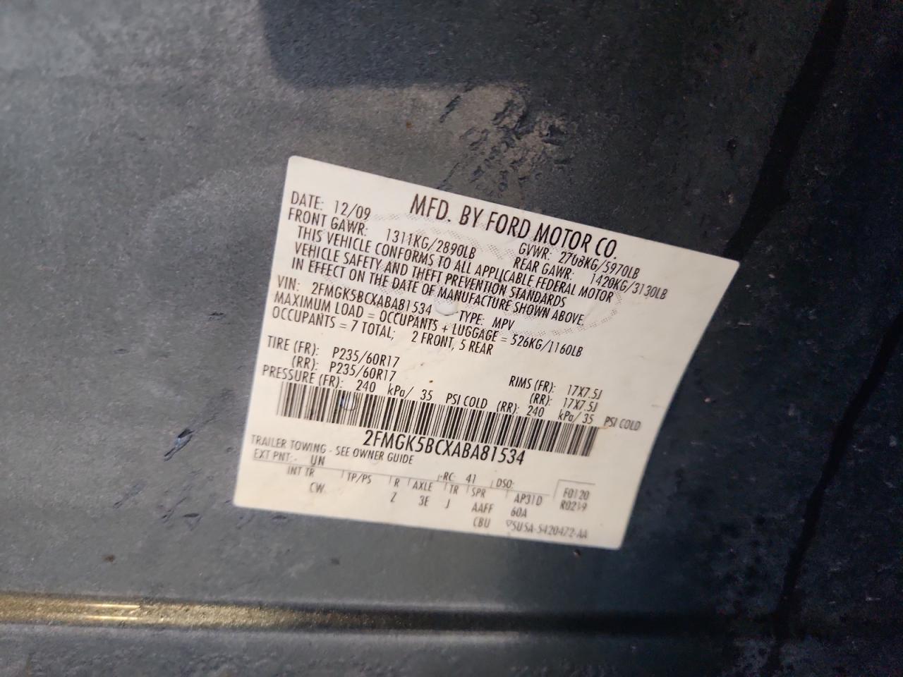 2010 Ford Flex Se VIN: 2FMGK5BCXABA81534 Lot: 92000315