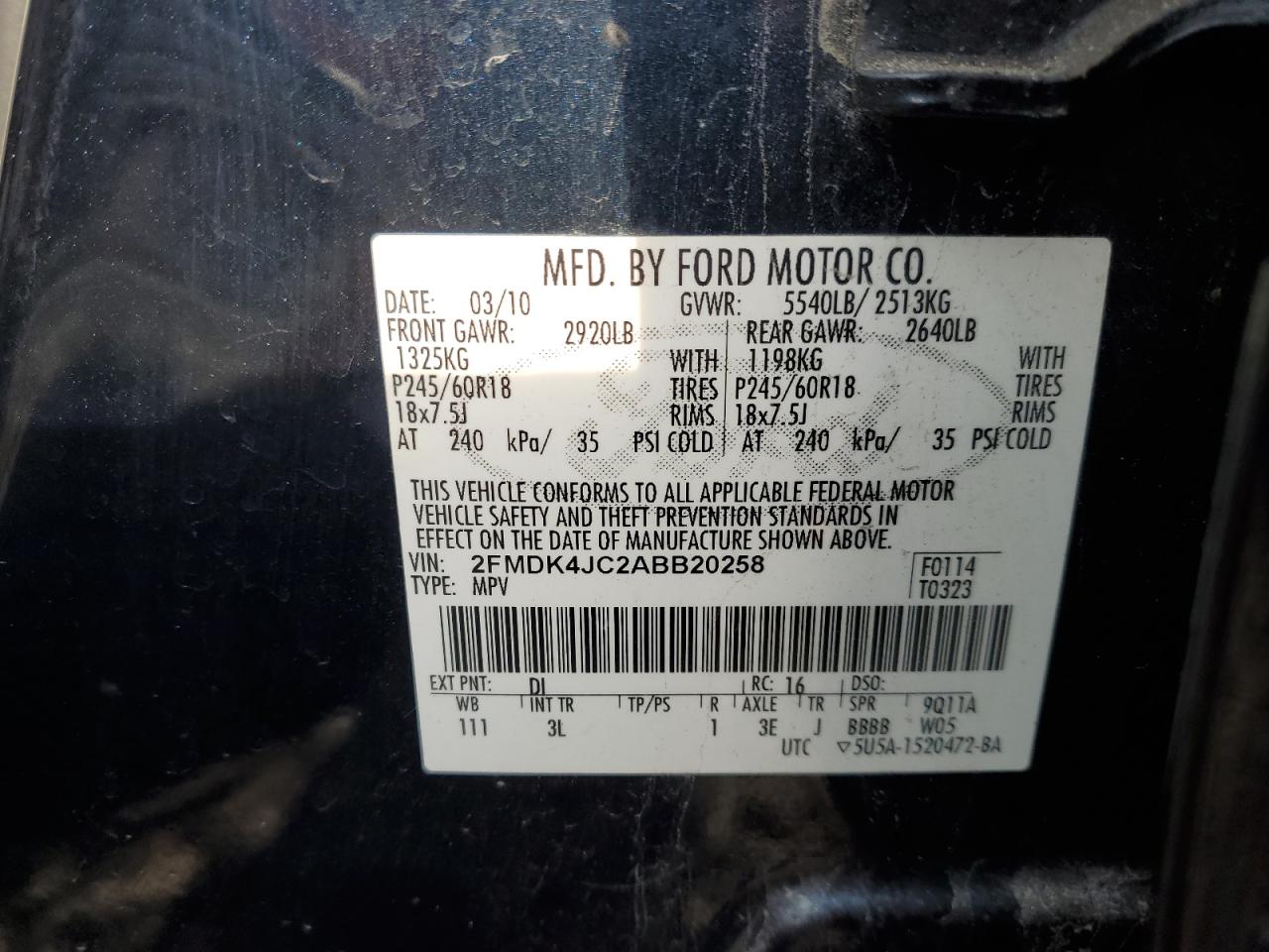 2010 Ford Edge Sel VIN: 2FMDK4JC2ABB20258 Lot: 90874635