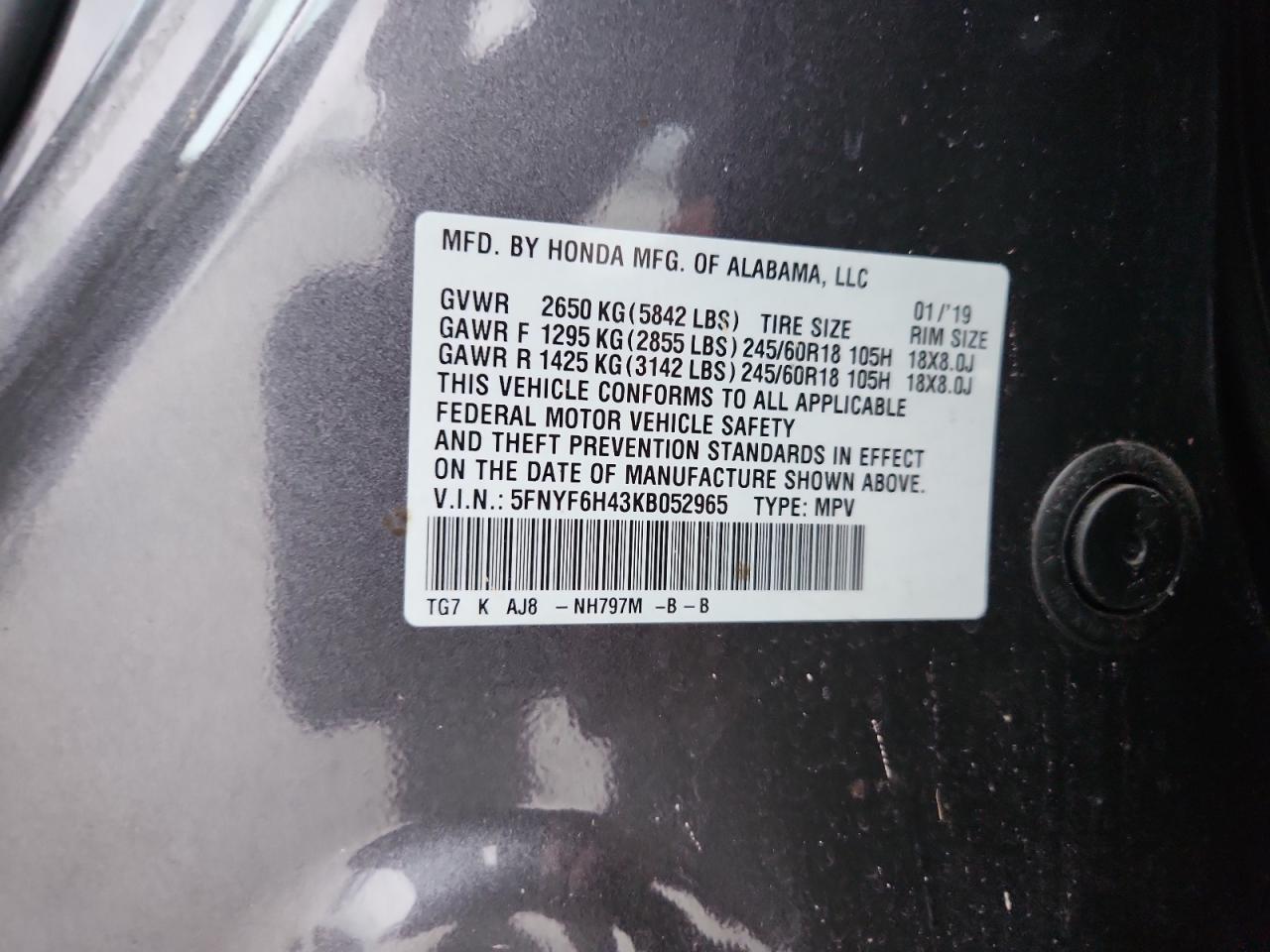 2019 Honda Pilot Exl VIN: 5FNYF6H43KB052965 Lot: 91903255