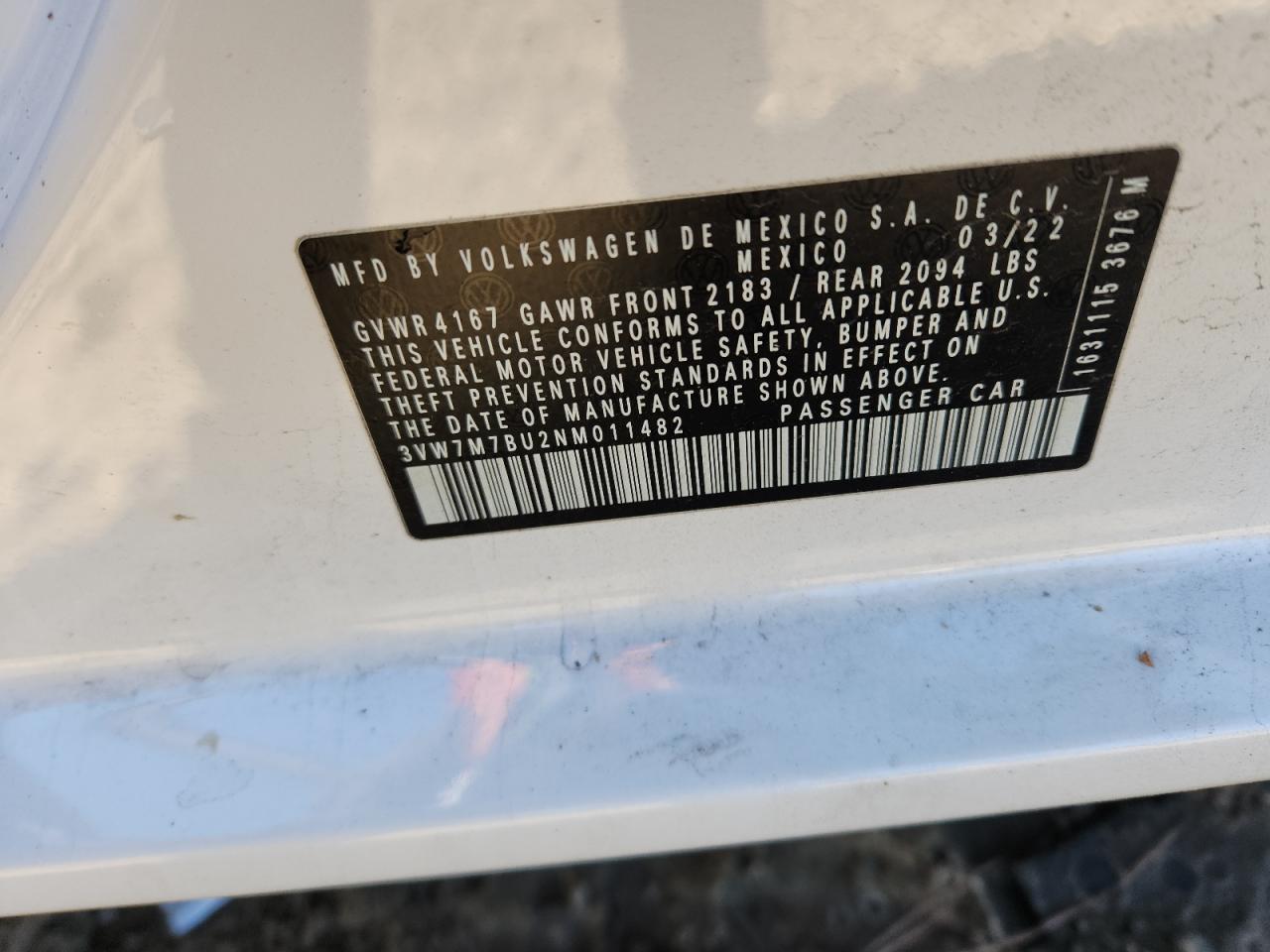 2022 Volkswagen Jetta Se VIN: 3VW7M7BU2NM011482 Lot: 91515895