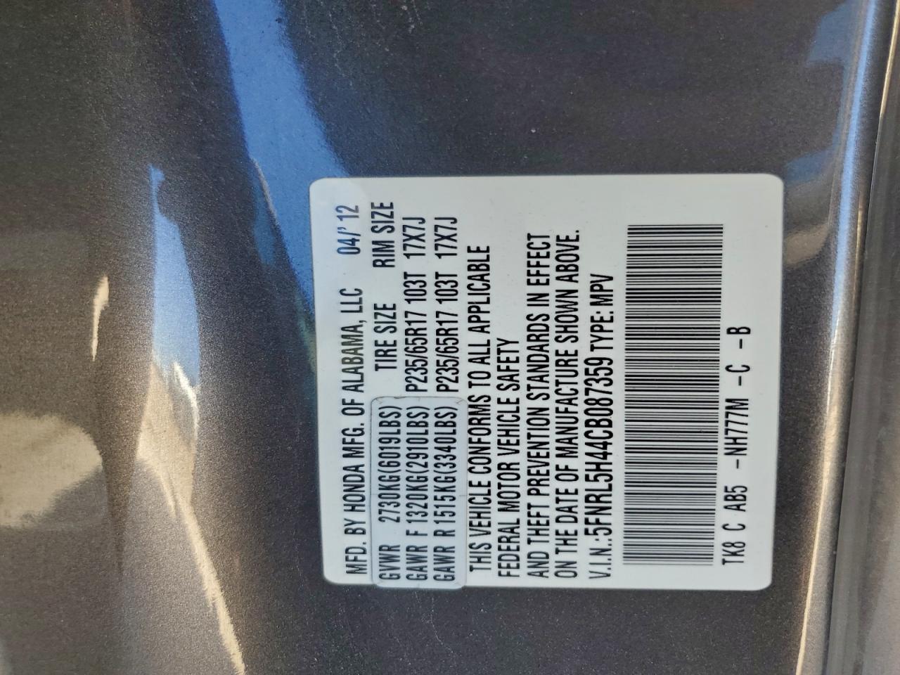 2012 Honda Odyssey Ex VIN: 5FNRL5H44CB087359 Lot: 94280145