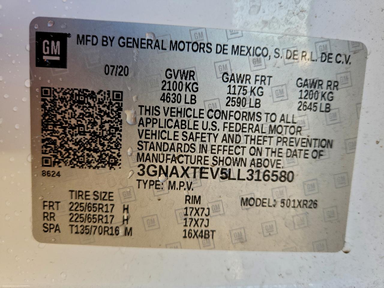 2020 Chevrolet Equinox Lt VIN: 3GNAXTEV5LL316580 Lot: 94533495