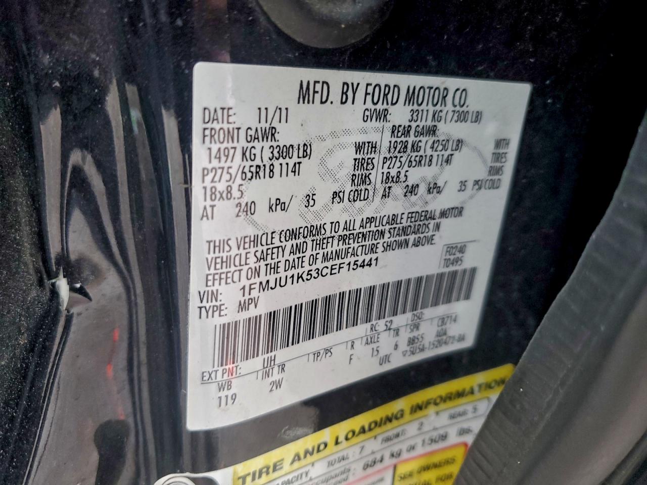 2012 Ford Expedition Limited VIN: 1FMJU1K53CEF15441 Lot: 93959425