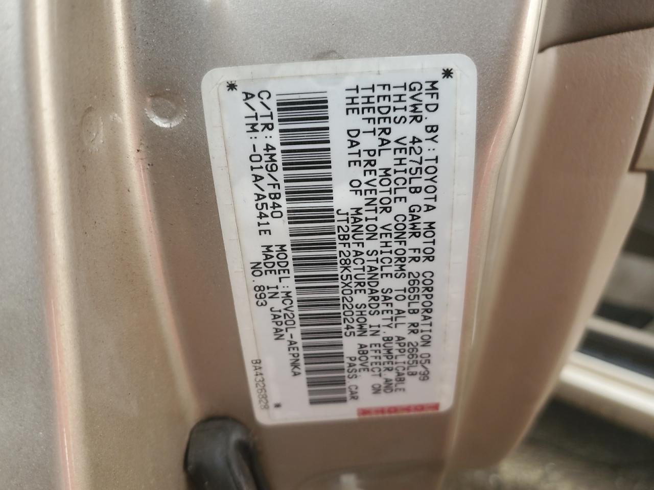 1999 Toyota Camry Le VIN: JT2BF28K5X0220245 Lot: 91221715