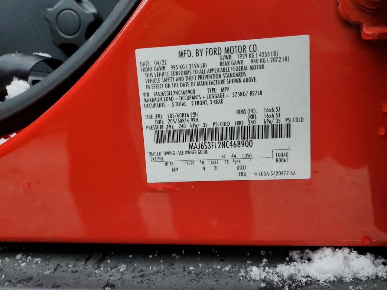 2022 Chev Ford Ecosport Red VIN: MAJ6S3FL2NC468900 Lot: 90144005