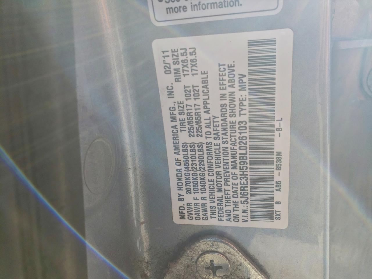 2011 Honda Cr-V Ex VIN: 5J6RE3H59BL026103 Lot: 94230625