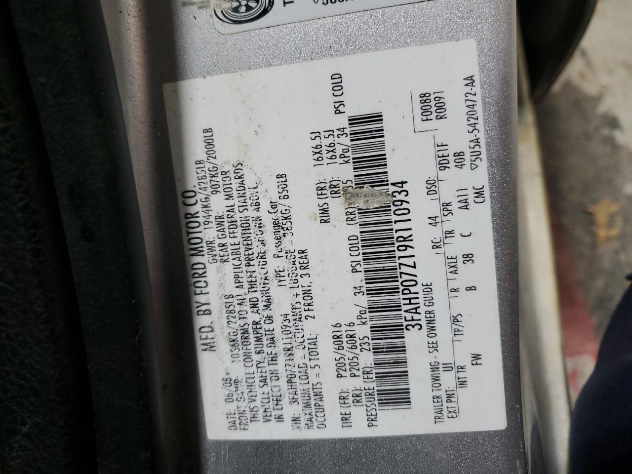 2009 Ford Fusion Se VIN: 3FAHP07Z19R110934 Lot: 93078485