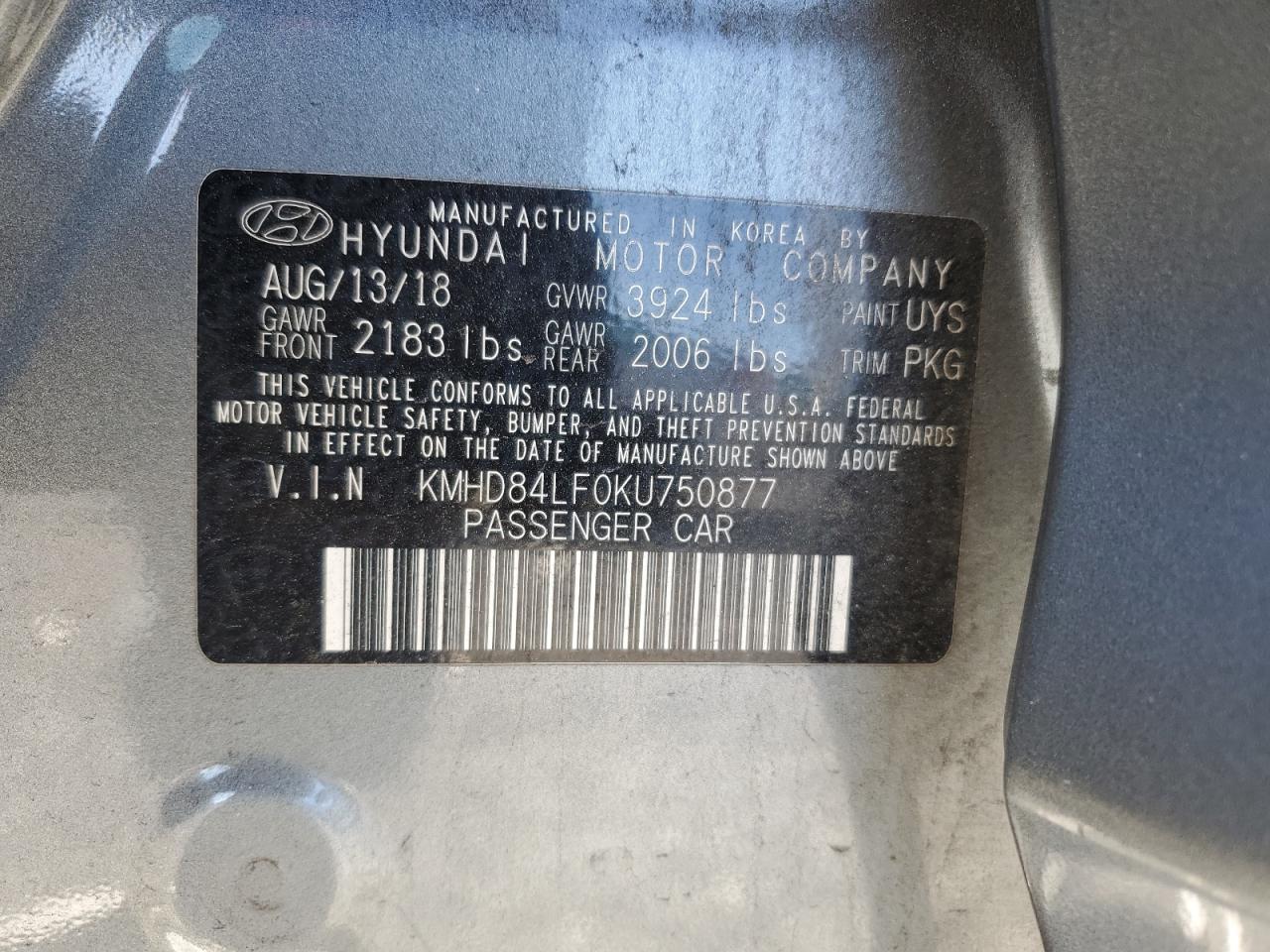 2019 Hyundai Elantra Sel VIN: KMHD84LF0KU750877 Lot: 92048395