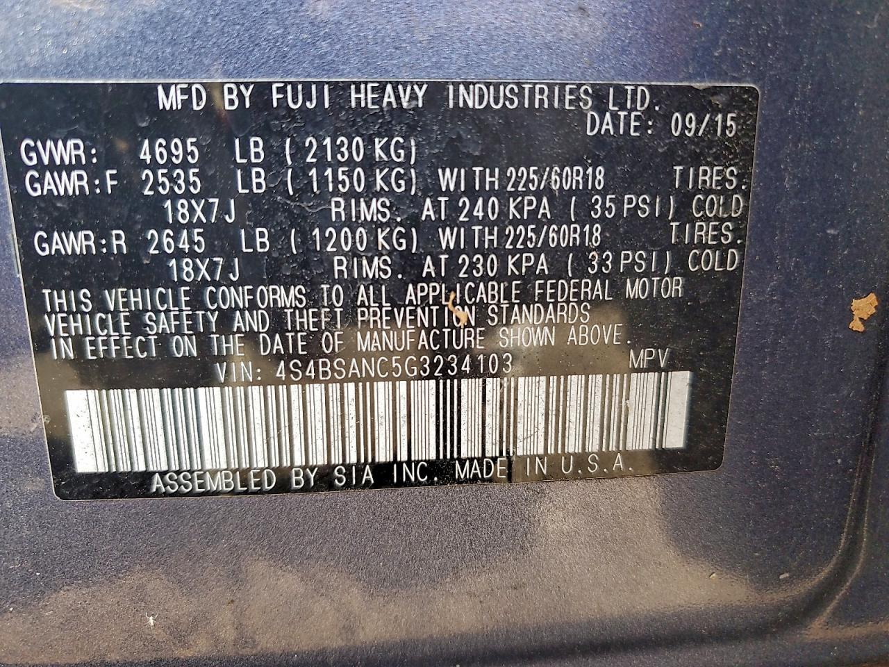 2016 Subaru Outback 2.5I Limited VIN: 4S4BSANC5G3234103 Lot: 93758555