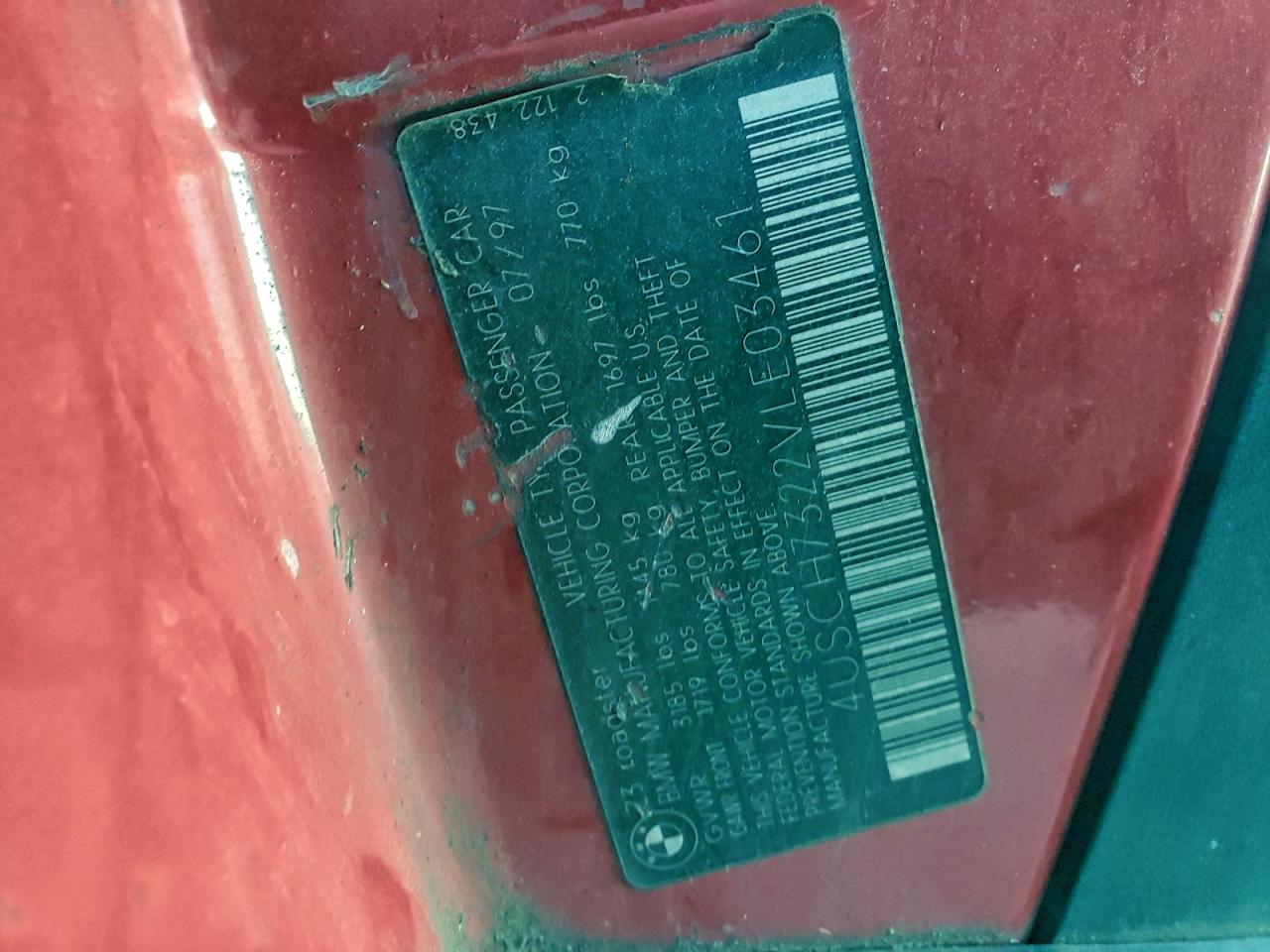 1997 BMW Z3 1.9 VIN: 4USCH7322VLE03461 Lot: 94409415