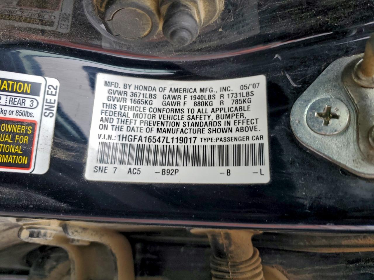 2007 Honda Civic Lx VIN: 1HGFA16547L119017 Lot: 94165235