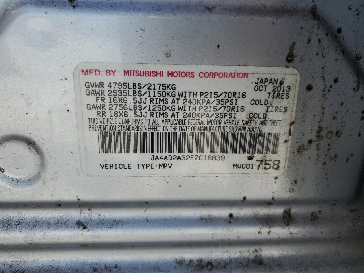 2014 Mitsubishi Outlander Es VIN: JA4AD2A32EZ016839 Lot: 92344225