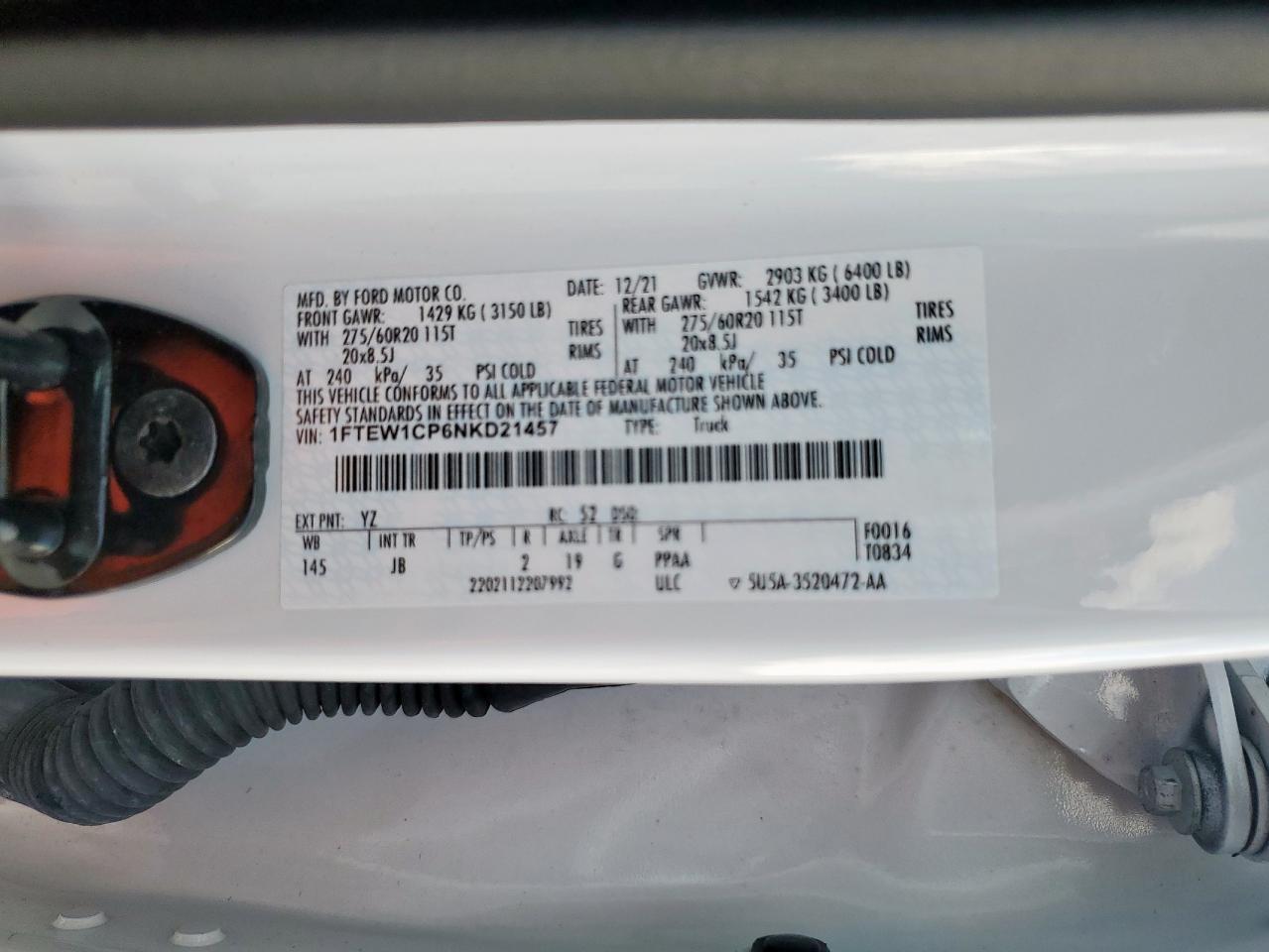 2022 Ford F150 Supercrew VIN: 1FTEW1CP6NKD21457 Lot: 92460965