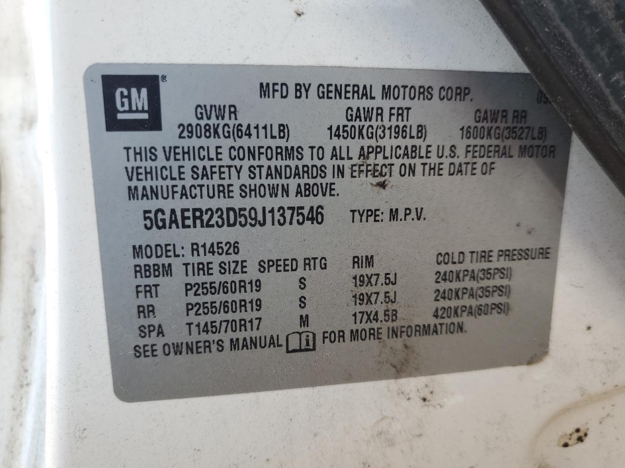 2009 Buick Enclave Cxl VIN: 5GAER23D59J137546 Lot: 92050735