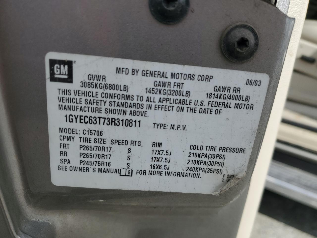 2003 Cadillac Escalade Luxury VIN: 1GYEC63T73R310811 Lot: 91702345