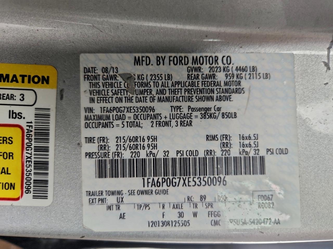 2014 Ford Fusion S VIN: 1FA6P0G7XE5350096 Lot: 94166505