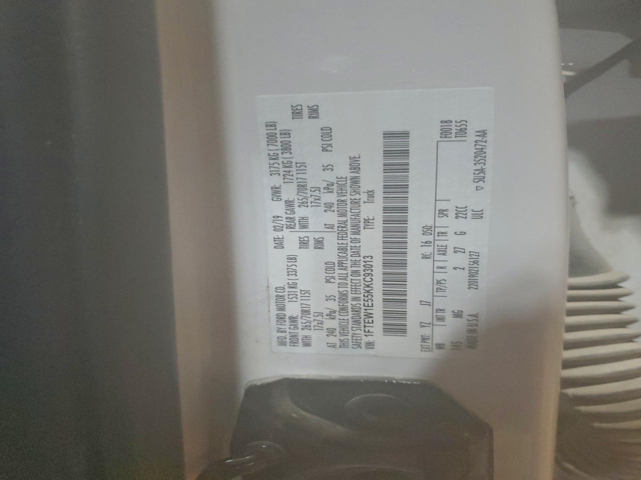 2019 Ford F150 Supercrew VIN: 1FTEW1E55KKC93013 Lot: 93735245