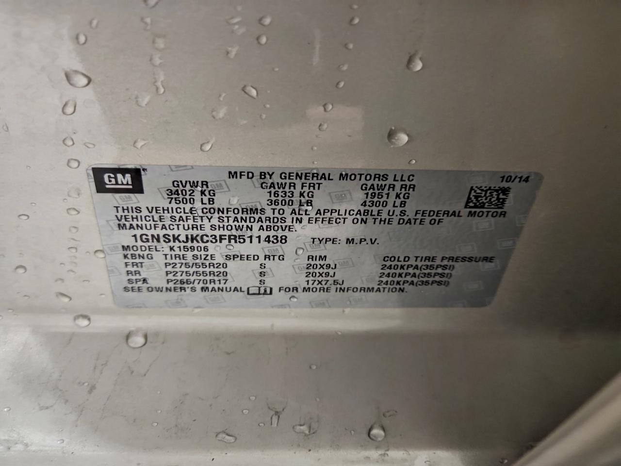 2015 Chevrolet Suburban K1500 Lt VIN: 1GNSKJKC3FR511438 Lot: 93707105