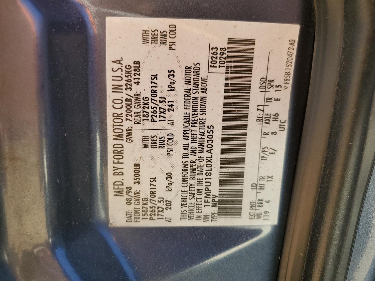 1999 Ford Expedition VIN: 1FMPU18L0XLA03055 Lot: 92534865